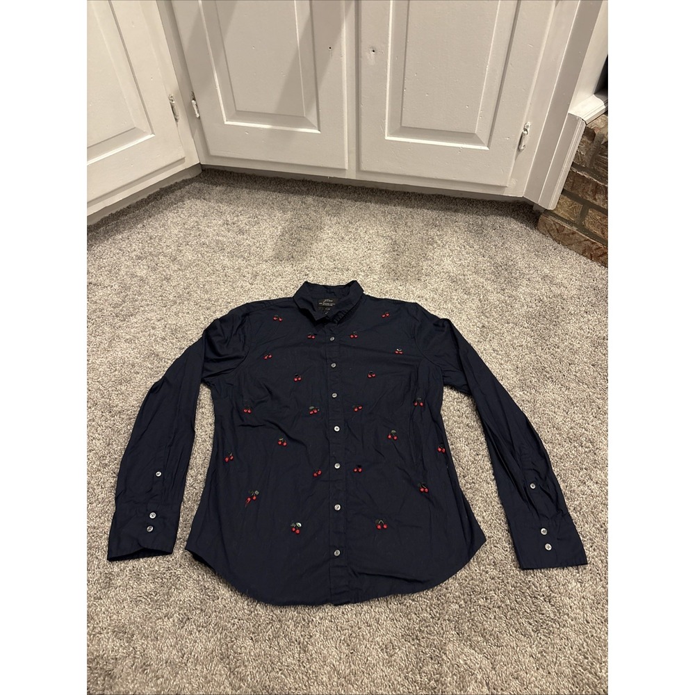 J.CREW Size 12 Perfect Shirt with Embellished Cherries Navy AE898 Slim Rare